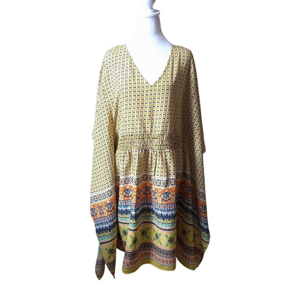 Tolani Collection Medium Meghan Kaftan Dress Tunic Batwing Yellow Print NEW